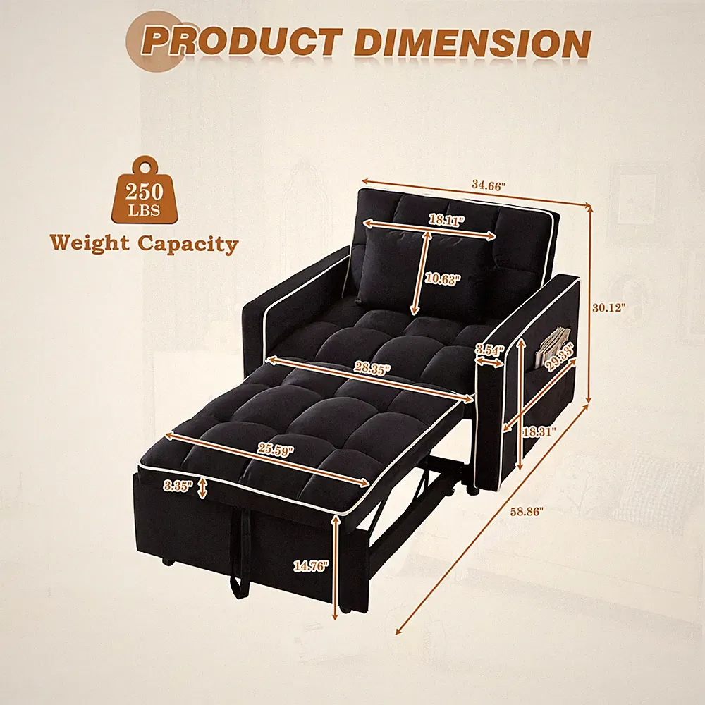 3-In-1 Convertible Bed Chair Sleeper Lounge Modern Single Pull Out Couch Black