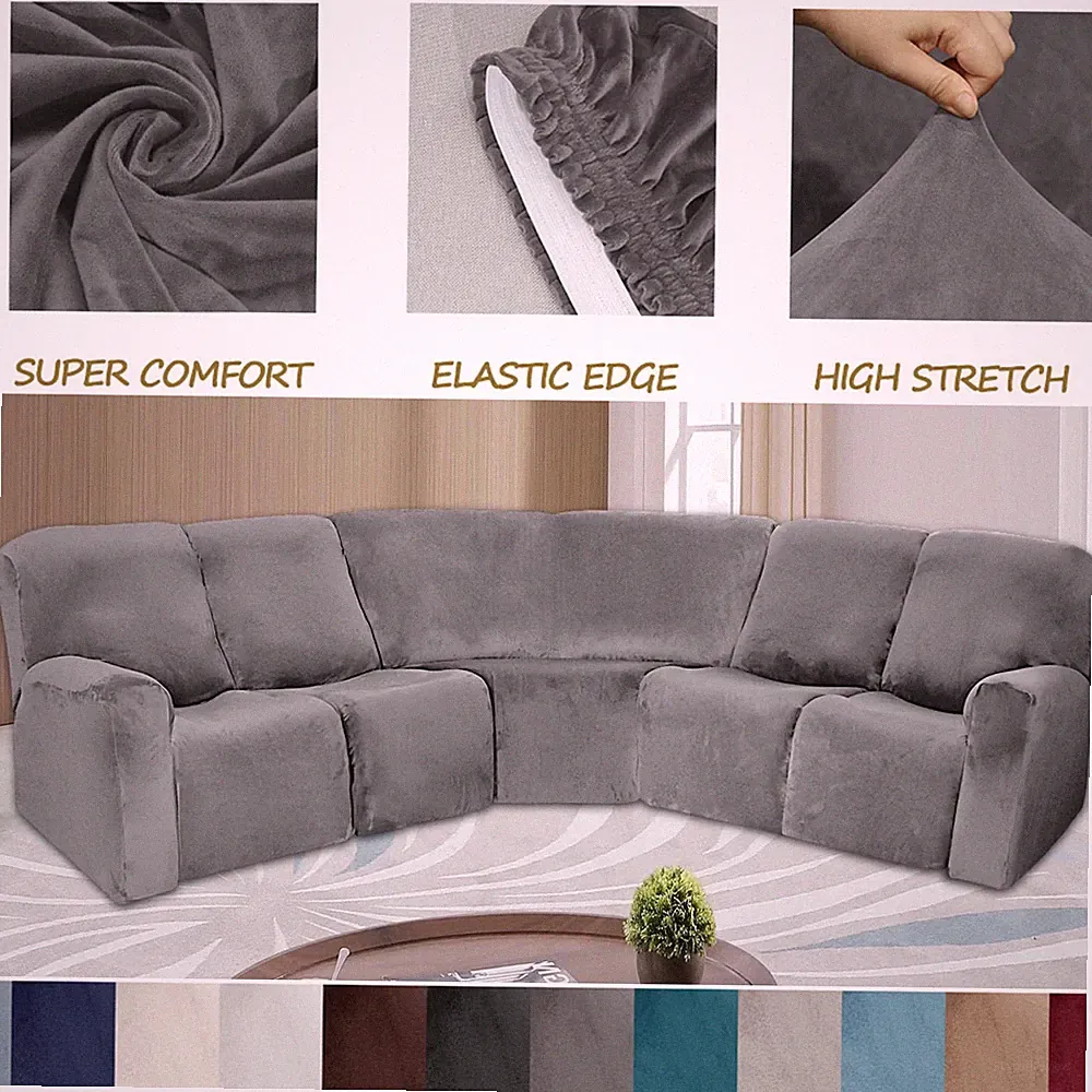 5-Seater Velvet Stretch Recliner Corner Sofa Couch Covers Curved Shape Sectional