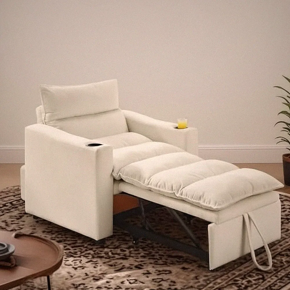 Beige 3-in-1 Convertible Sleeper Chair with Cup Holders & Recline