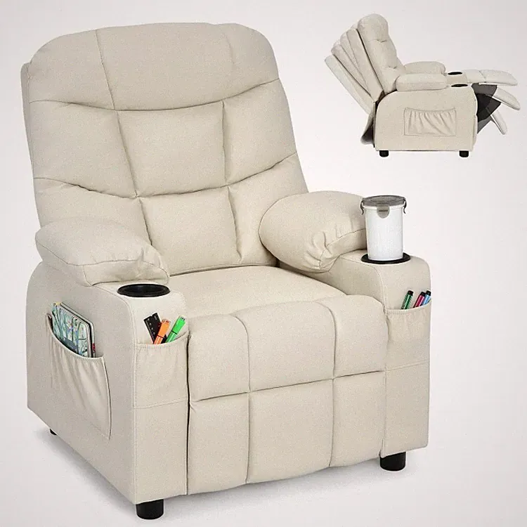 Kids Padded PU Leather Adjustable Recliner Chair W/Cup Holders & Storage Pockets