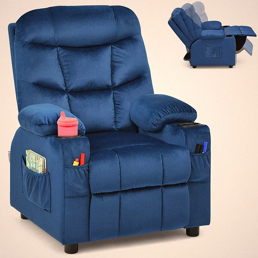 Kids Youth Recliner Chair Velvet Fabric w/Cup Holder & Side Pocket Blue