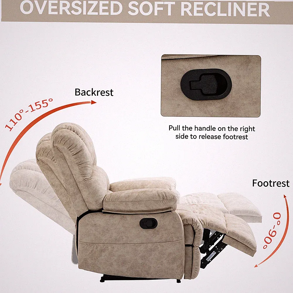 Large Oversized Manual Recliner Chair Reclining Sofa Fabric Living Room Beige