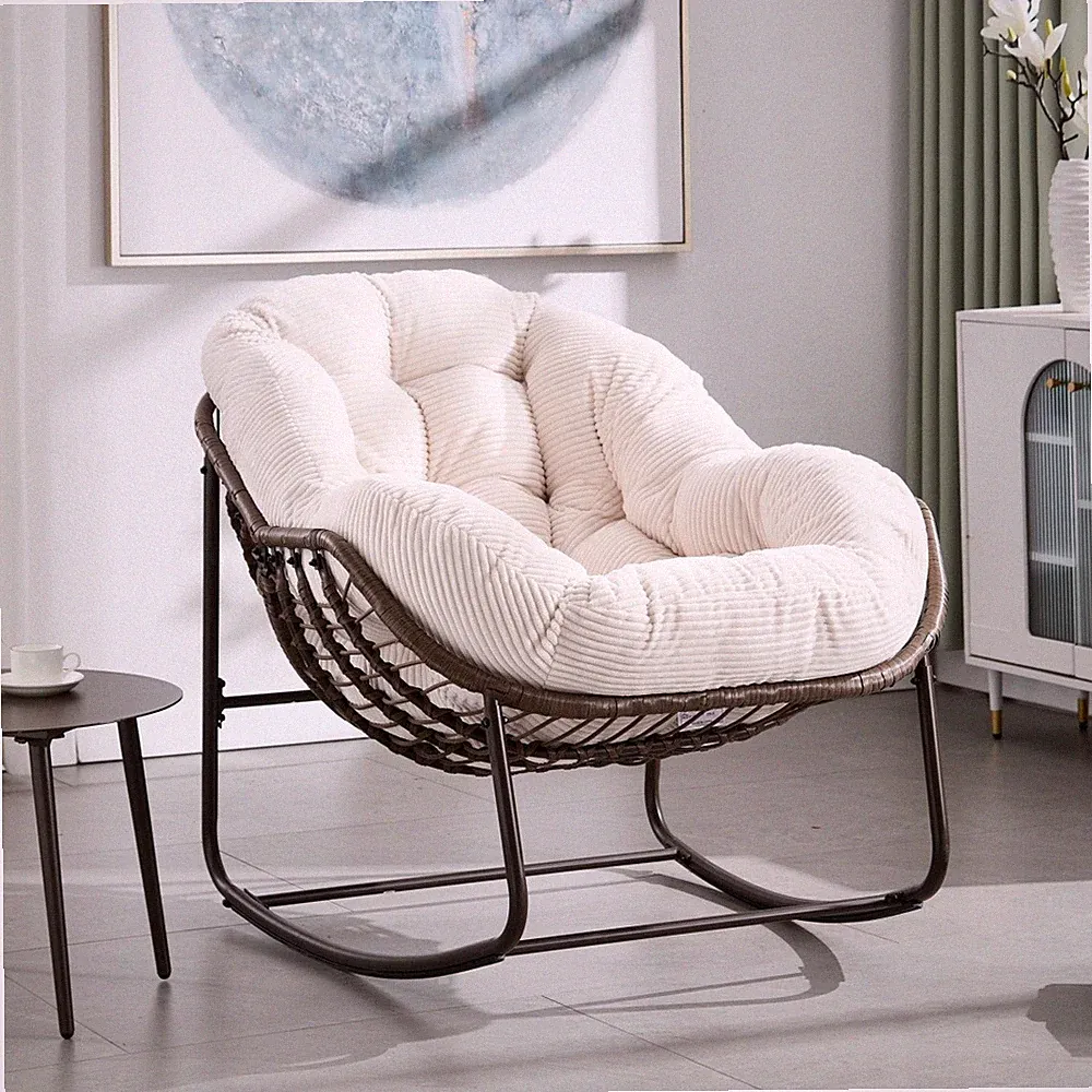Outdoor Rattan Rocking Chair Padded Cushion Rocker Recliner Chair Outdoor White