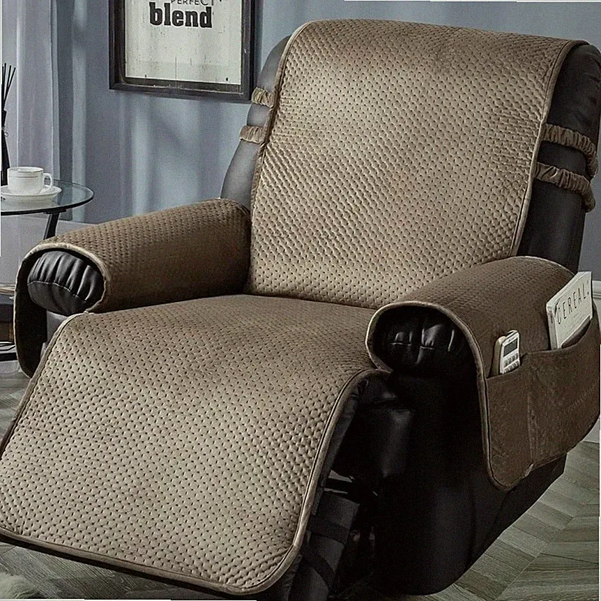 STONECREST Recliner Chair Cover, Water Resistant Velvet Quilted Brown Slipcover