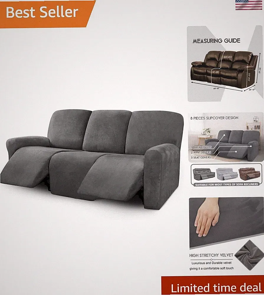 Velvet 8-Pieces Recliner Sofa Covers Stretch Reclining Couch Covers for 3 Cus...